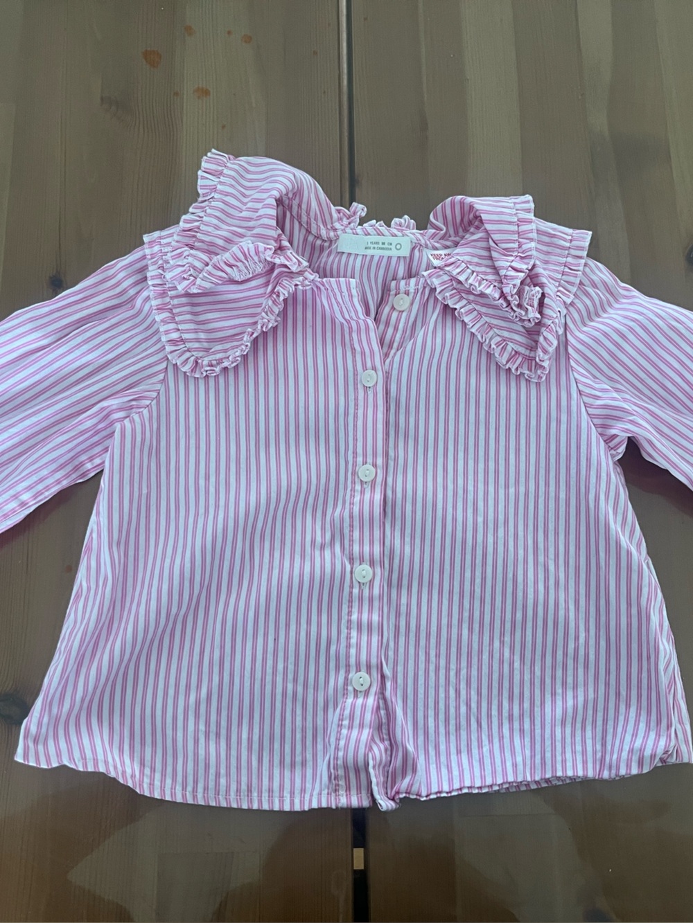 Zara Pink & White Striped Ruffle Collar Button-Up Top